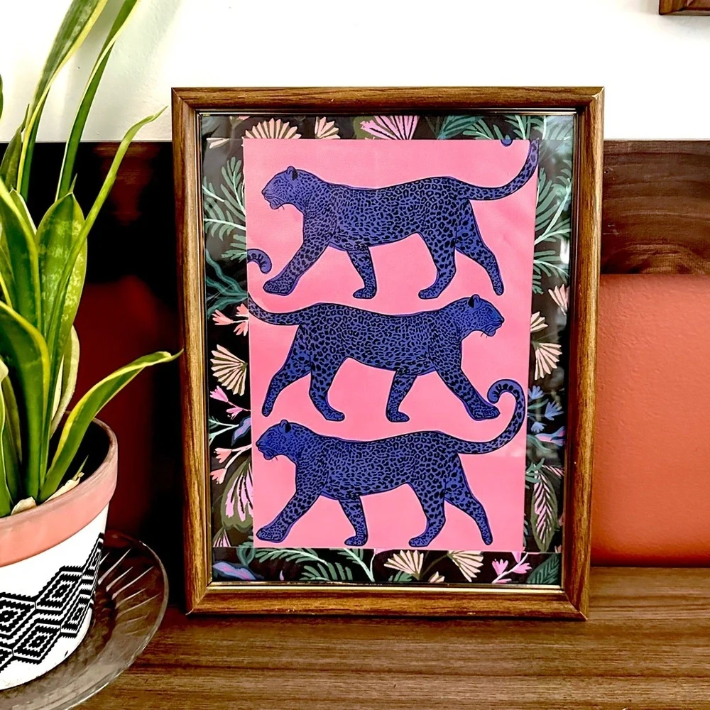 Blue Leopard Pink Dark Moody Floral Border Canvas Art Print Vtg Wood Framed Art